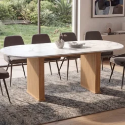 Table à manger extensible ovale JULIETTE 6-10 personnes pieds effet lattes et plateau effet marbre ALASKA 160-200 cm
