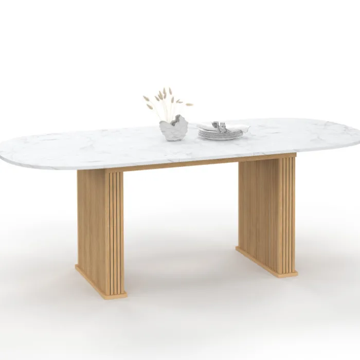 Table à manger extensible ovale JULIETTE 6-10 personnes pieds effet lattes et plateau effet marbre ALASKA 160-200 cm