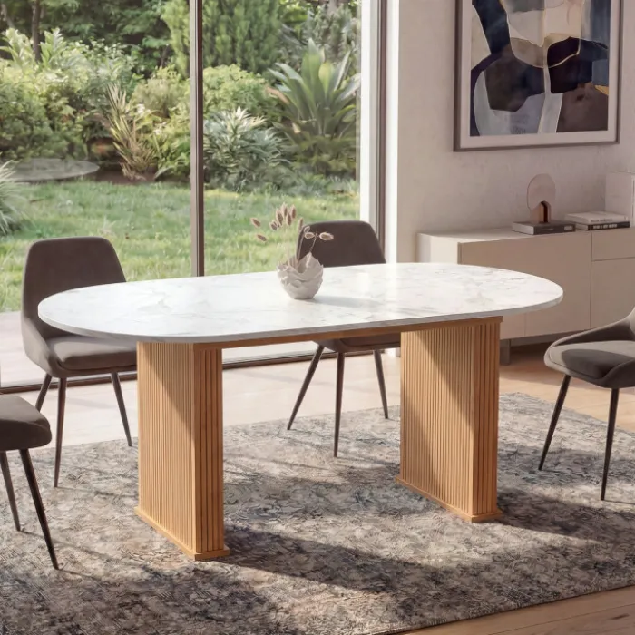 Table à manger extensible ovale JULIETTE 6-10 personnes pieds effet lattes et plateau effet marbre ALASKA 160-200 cm