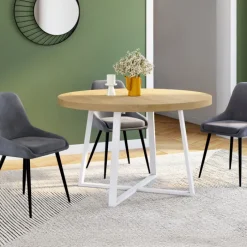 Table à manger extensible ronde 4-10 personnes bois et blanc 110-200 cm