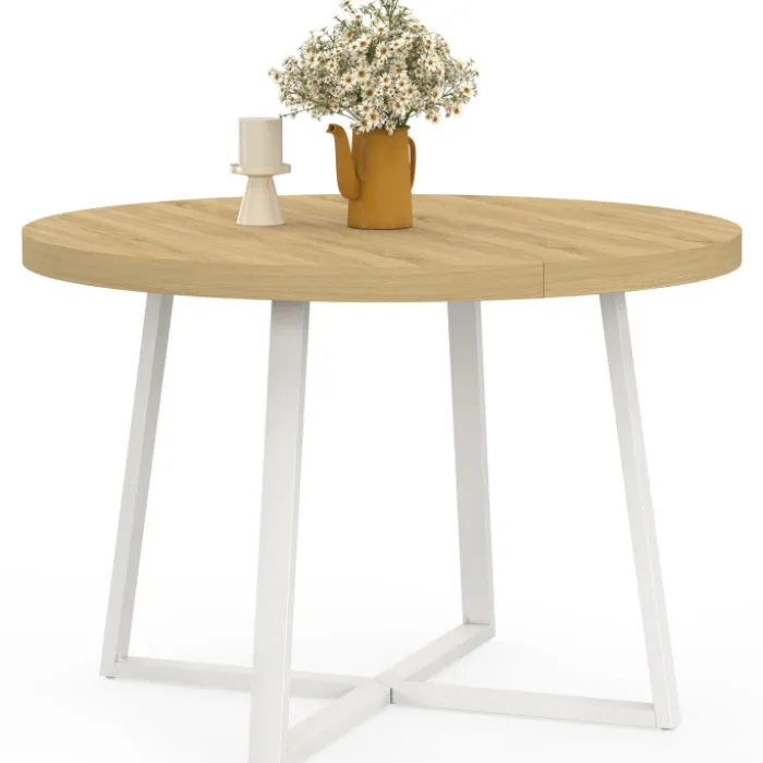 Table à manger extensible ronde 4-10 personnes bois et blanc 110-200 cm