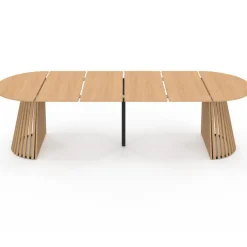 Table à manger extensible ronde 4-12 personnes pied bois en lattes et plateau bois 110-300 cm