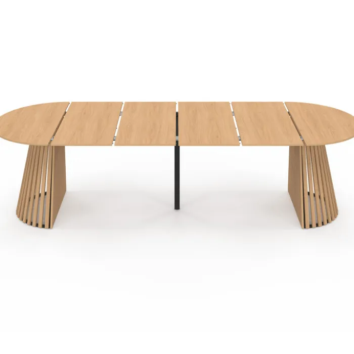 Table à manger extensible ronde 4-12 personnes pied bois en lattes et plateau bois 110-300 cm