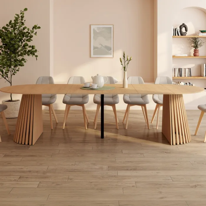 Table à manger extensible ronde 4-12 personnes pied bois en lattes et plateau bois 110-300 cm