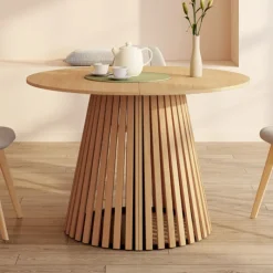 Table à manger extensible ronde 4-12 personnes pied bois en lattes et plateau bois 110-300 cm