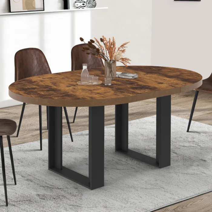Table à manger extensible ronde 4-6 personnes bois foncé effet vieilli et noir