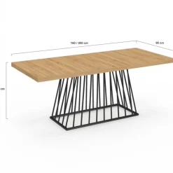 Table à manger extensible rectangle 160-200 cm 6-10 personnes plateau bois et pied filaire en métal noir