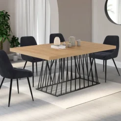 Table à manger extensible rectangle 160-200 cm 6-10 personnes plateau bois et pied filaire en métal noir