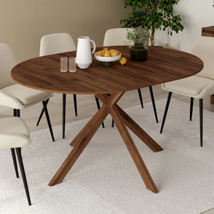 Table à manger extensible ronde 4-8 personnes pied araignée noyer 110-150 cm