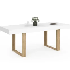 Table à manger extensible rectangulaire 160-200 cm pour 4 à 8 personnes en blanc et bois