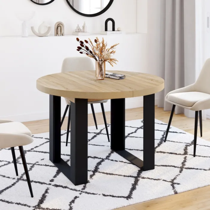 Table à manger extensible ronde 4-10 personnes bois et noir 110-200 cm