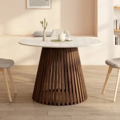 Table à manger extensible ronde 4-8 personnes pied noyer en lattes et plateau effet travertin 110 - 150 cm