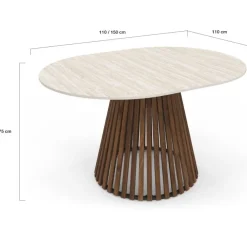 Table à manger extensible ronde 4-8 personnes pied noyer en lattes et plateau effet travertin 110 - 150 cm