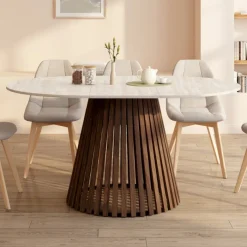 Table à manger extensible ronde 4-8 personnes pied noyer en lattes et plateau effet travertin 110 - 150 cm