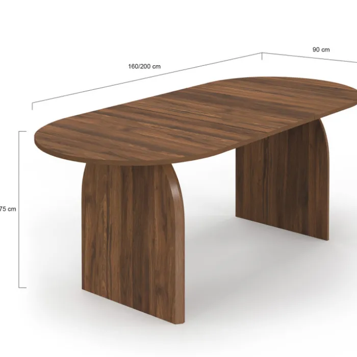 Table à manger extensible ovale japandi 160-200 cm pour 6 à 10 personnes en noyer