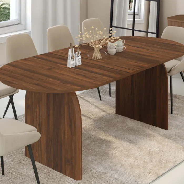 Table à manger extensible ovale japandi 160-200 cm pour 6 à 10 personnes en noyer