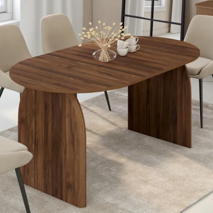 Table à manger extensible ovale japandi 160-200 cm pour 6 à 10 personnes en noyer