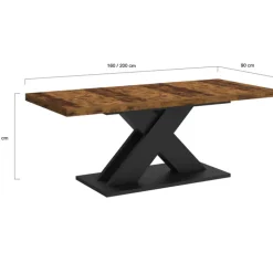 Table à manger extensible rectangle 160-200 cm 6-10 personnes pied X noir et plateau bois foncé