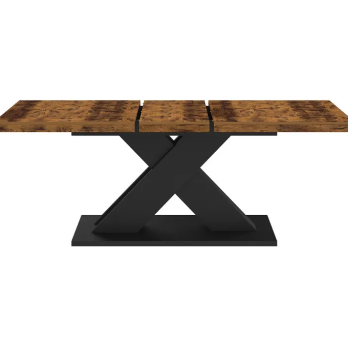 Table à manger extensible rectangle 160-200 cm 6-10 personnes pied X noir et plateau bois foncé