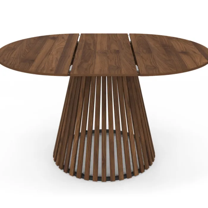 Table à manger extensible ronde 4-8 personnes pied noyer en lattes et plateau noyer 110 - 150 cm
