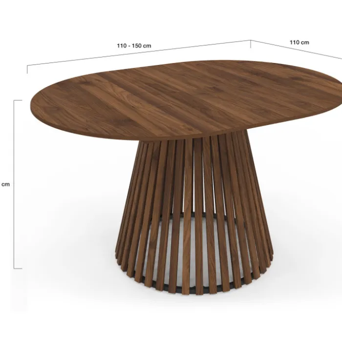 Table à manger extensible ronde 4-8 personnes pied noyer en lattes et plateau noyer 110 - 150 cm