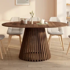 Table à manger extensible ronde 4-8 personnes pied noyer en lattes et plateau noyer 110 - 150 cm