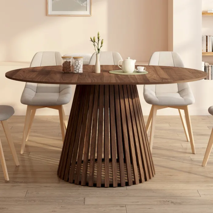 Table à manger extensible ronde 4-8 personnes pied noyer en lattes et plateau noyer 110 - 150 cm