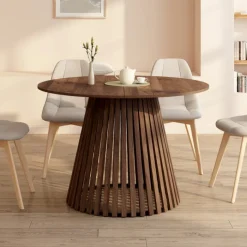 Table à manger extensible ronde 4-8 personnes pied noyer en lattes et plateau noyer 110 - 150 cm