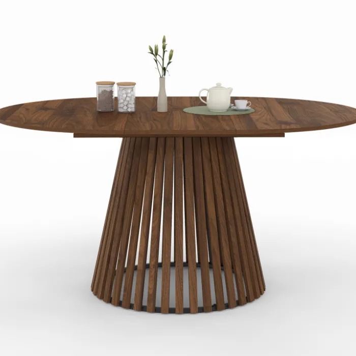 Table à manger extensible ronde 4-8 personnes pied noyer en lattes et plateau noyer 110 - 150 cm