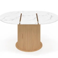 Table à manger extensible ronde 4-8 personnes pied lattes avec rangement et plateau effet marbre blanc 110-150 cm