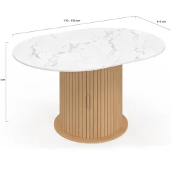 Table à manger extensible ronde 4-8 personnes pied lattes avec rangement et plateau effet marbre blanc 110-150 cm
