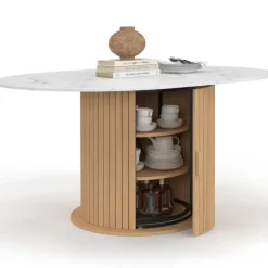 Table à manger extensible ronde 4-8 personnes pied lattes avec rangement et plateau effet marbre blanc 110-150 cm