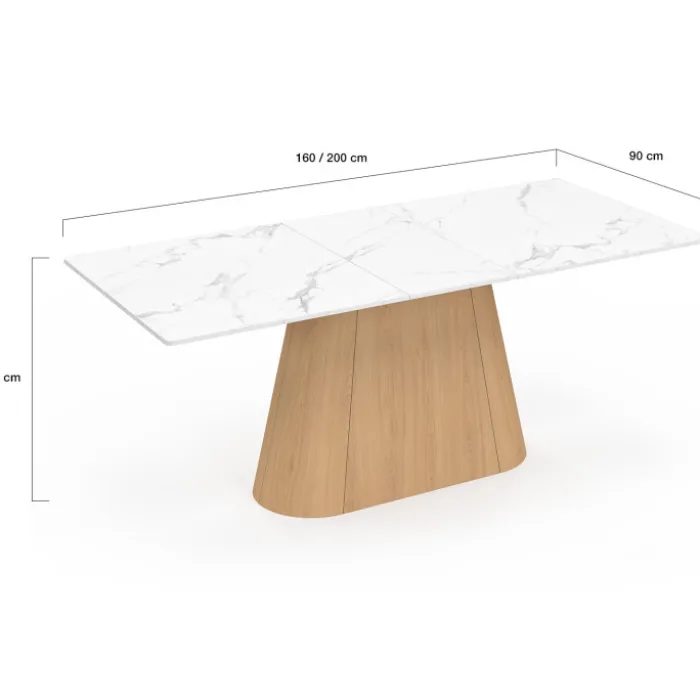 Table à manger extensible rectangle RHONDA 6-10 personnes plateau marbre blanc ALASKA et bois façon hêtre 160-200 cm