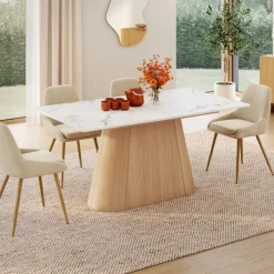 Table à manger extensible rectangle RHONDA 6-10 personnes plateau marbre blanc ALASKA et bois façon hêtre 160-200 cm