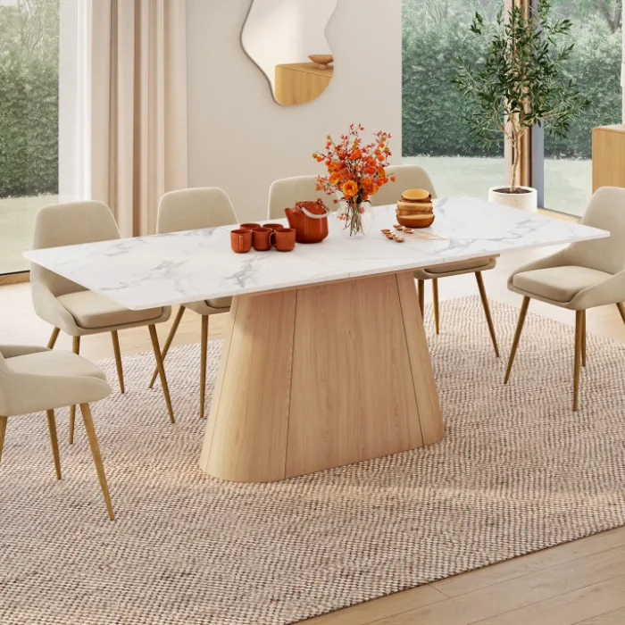 Table à manger extensible rectangle RHONDA 6-10 personnes plateau marbre blanc ALASKA et bois façon hêtre 160-200 cm