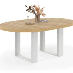 Table à manger extensible ronde bois et blanc 110-150 cm pour 4 à 6 personnes
