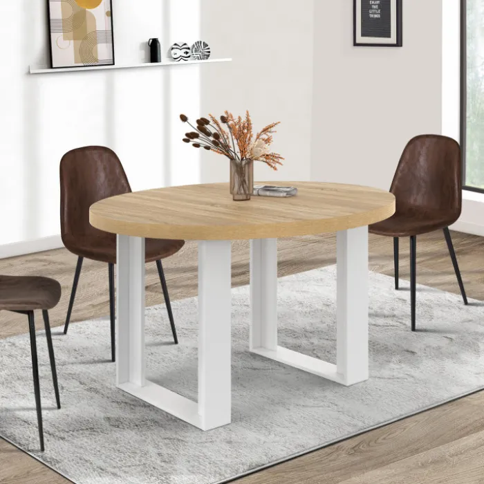 Table à manger extensible ronde bois et blanc 110-150 cm pour 4 à 6 personnes