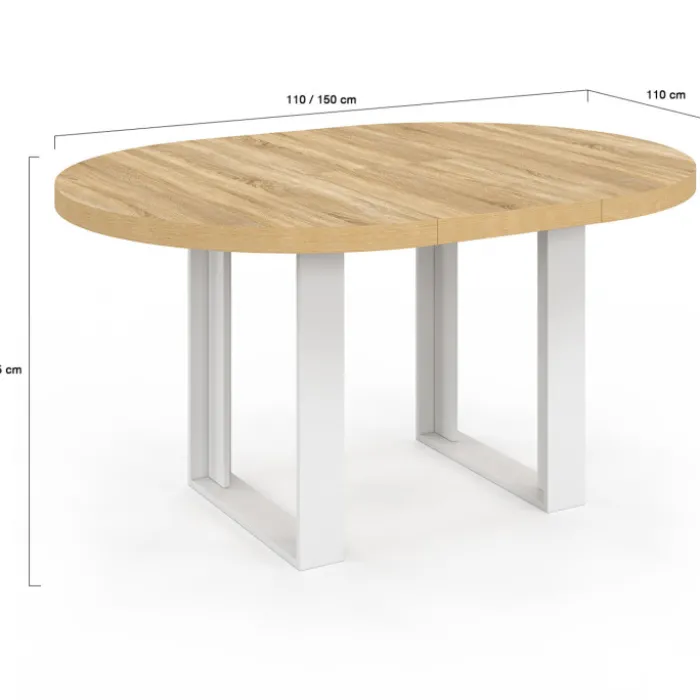 Table à manger extensible ronde bois et blanc 110-150 cm pour 4 à 6 personnes