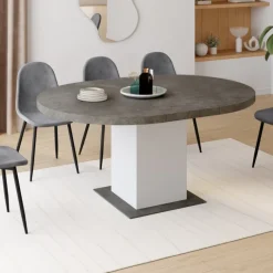 Table à manger extensible ronde 4-8 personnes béton et blanc 120-160 cm