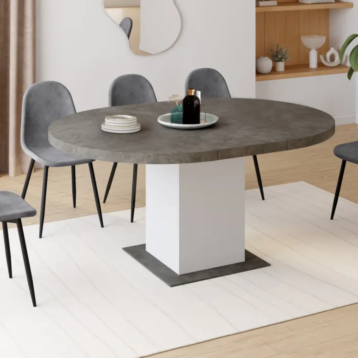 Table à manger extensible ronde 4-8 personnes béton et blanc 120-160 cm