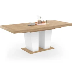 Table à manger extensible avec pied central bois et blanc