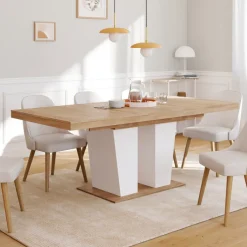 Table à manger extensible avec pied central bois et blanc