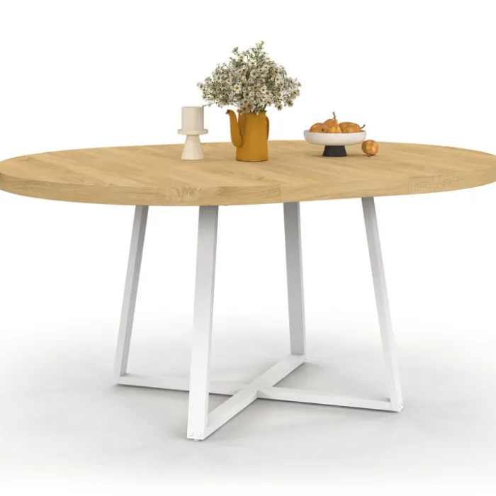Table à manger extensible ronde 4-8 personnes bois et blanc 110-150 cm