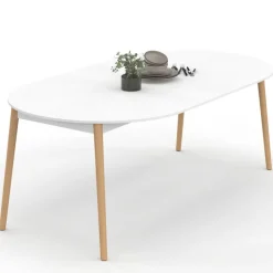Table à manger extensible ronde 4-10 personnes blanc pied bois 110 - 200 cm