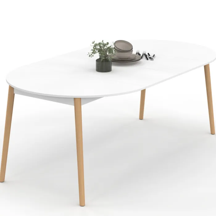 Table à manger extensible ronde 4-10 personnes blanc pied bois 110 - 200 cm