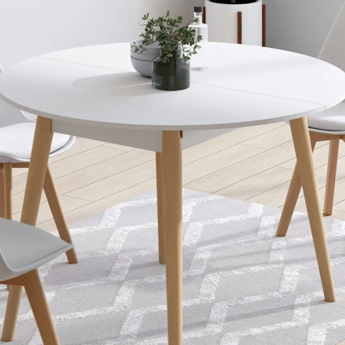 Table à manger extensible ronde 4-10 personnes blanc pied bois 110 - 200 cm