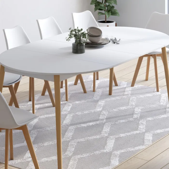 Table à manger extensible ronde 4-10 personnes blanc pied bois 110 - 200 cm