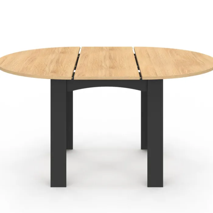 Table à manger extensible ronde 4-8 personnes noire plateau façon hêtre 110-150 cm