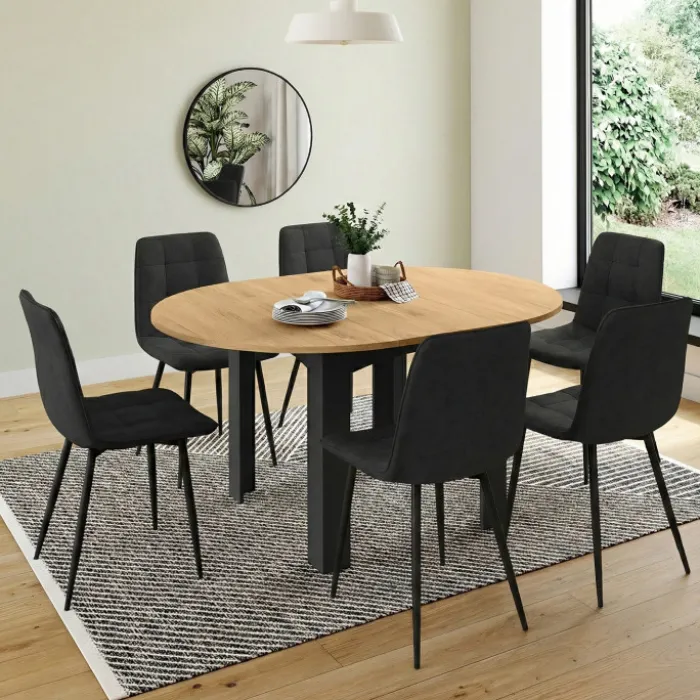 Table à manger extensible ronde 4-8 personnes noire plateau façon hêtre 110-150 cm