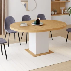 Table à manger extensible ronde 120-160 cm 4-8 personnes bois et blanc